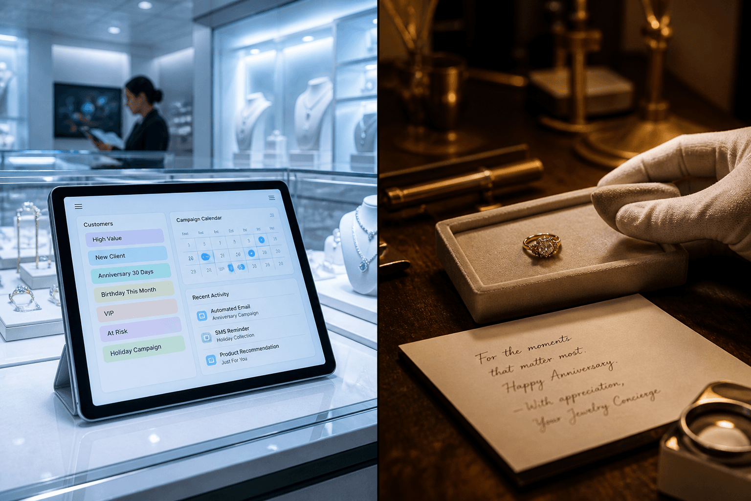 Clienteling CRM on the left with auto-tags, campaigns, and automated outreach versus Flare Atelier on the right with human memory, personal notes, and associate-led care