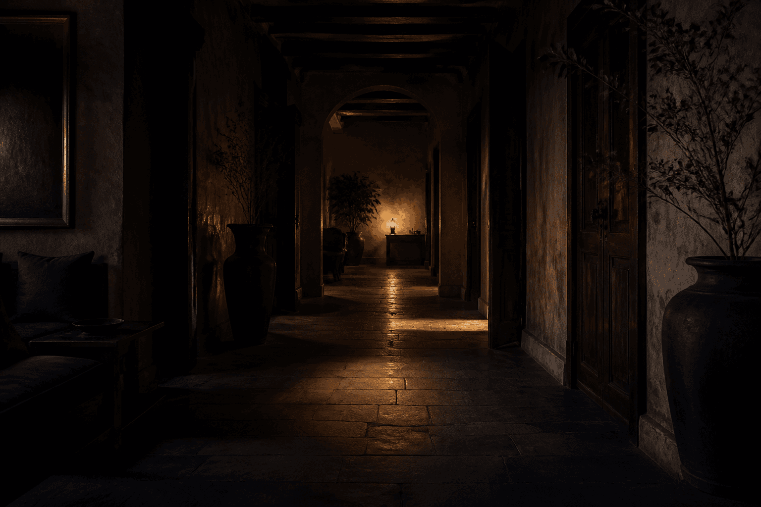 Quiet boutique hotel corridor at dusk